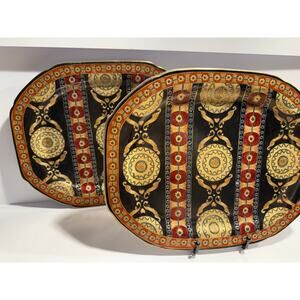 Heavy Decorative Platters by Oriental Accent Gold Trim Lot of 2